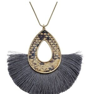 Boho Teardrop Snake Print Tassel Pendant Necklace Gold Tone Brown Dark Gray Grey